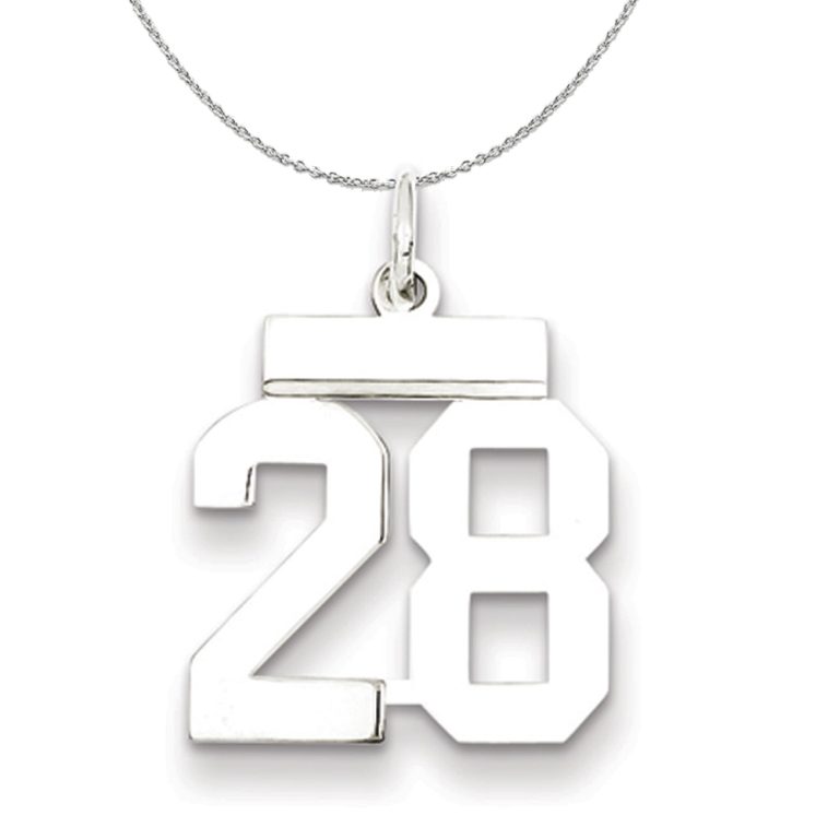 Silver, Athletic Collection, Small Polished Number 28 Necklace