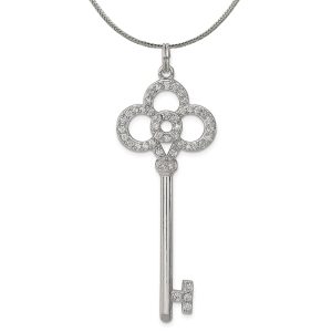 Silver Four Ring Cubic Zirconia Key Pendant, 1 7/8 In Necklace