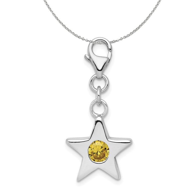 Silver November CZ Birthstone 13mm Star Clip-on Charm Necklace