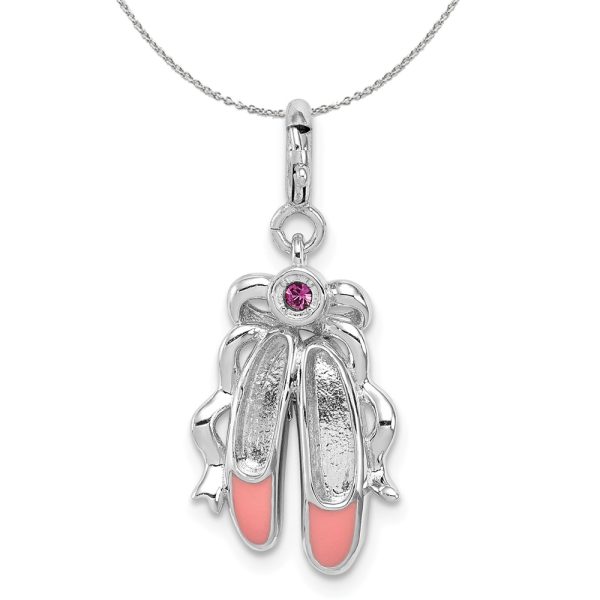 Silver, Pink Enamel and Crystal Ballet Shoes Clip-On Charm Necklace