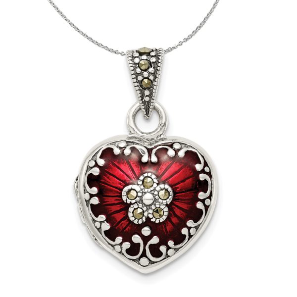 Silver, Red Enamel and Marcasite Antiqued Heart Locket, 16mm Necklace