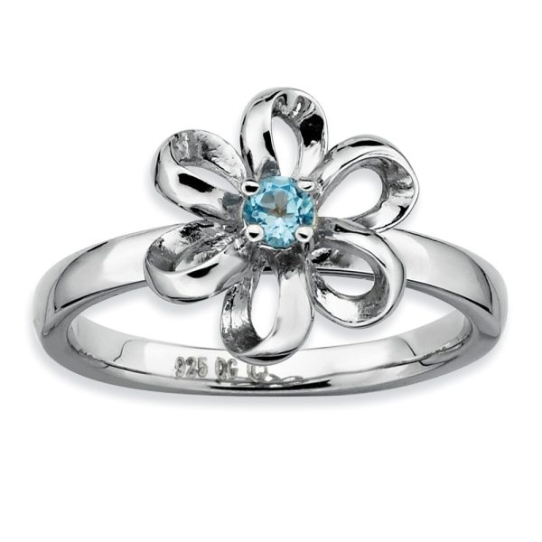 Silver Stackable 12mm 1/10 Carat Blue Topaz Flower Ring, Size 5