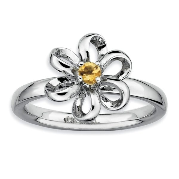 Silver Stackable 12mm 1/10 Carat Citrine Flower Ring, Size 7