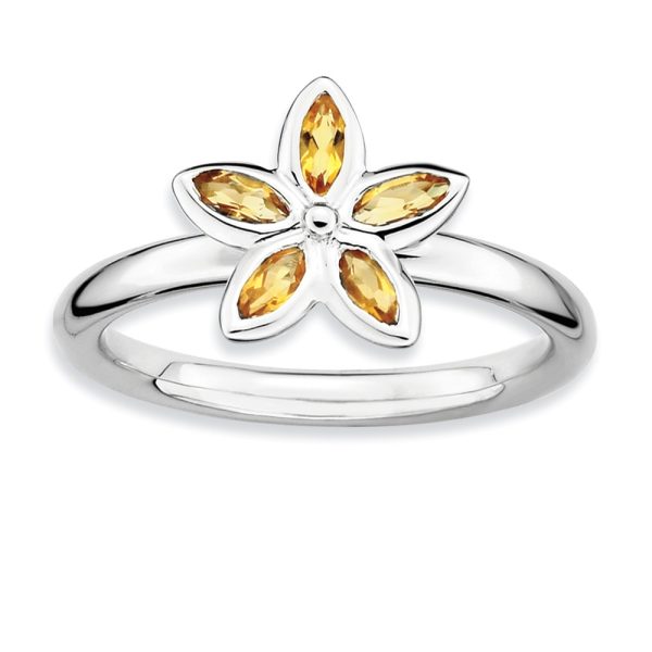 Silver Stackable 1/3 Cttw Citrine Flower Ring, Size 7