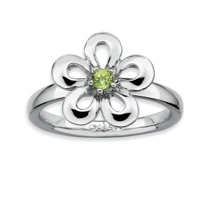 Silver Stackable 13mm .12 Carat Peridot Flower Ring, Size 8