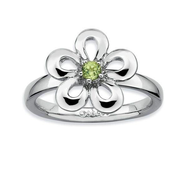 Silver Stackable 13mm .12 Carat Peridot Flower Ring, Size 8