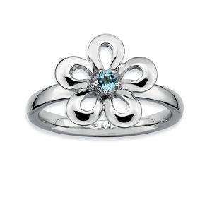 Silver Stackable 13mm 1/10 Carat Blue Topaz Flower Ring, Size 9