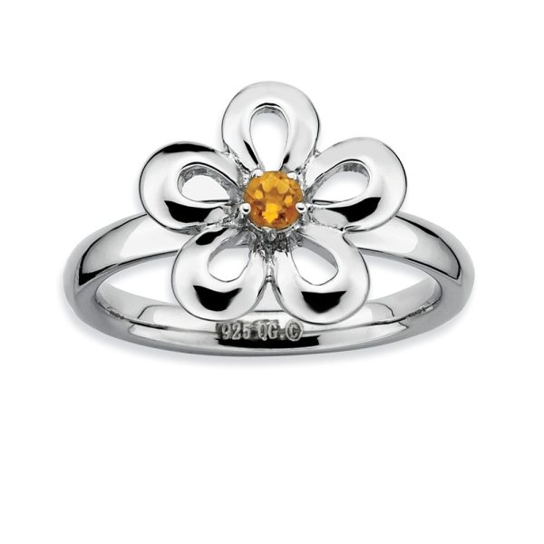 Silver Stackable 13mm 1/10 Carat Citrine Flower Ring, Size 8