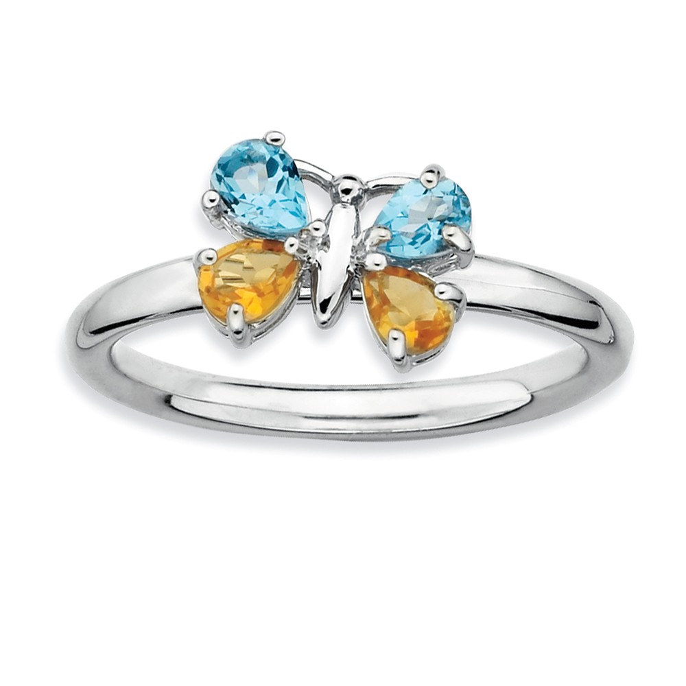 Silver Stackable Blue Topaz and Citrine Gemstone Butterfly Ring, Sz 9