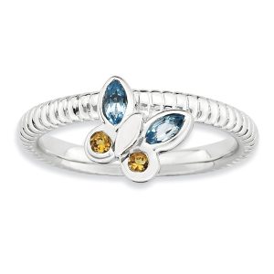 Silver Stackable Citrine and Topaz Gemstone Butterfly Ring, Size 7