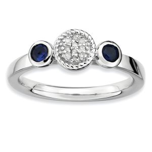 Silver Stackable Created Sapphire & .05 Ctw HI/I3 Diamond Ring Size 5