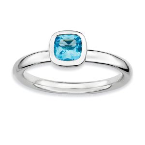 Silver Stackable Cushion Cut Blue Topaz Solitaire Ring, Size 8