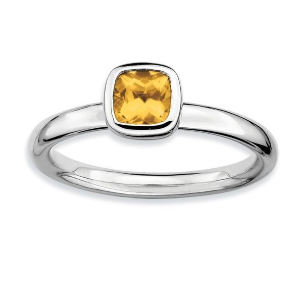 Silver Stackable Cushion Cut Citrine Solitaire Ring, Size 7