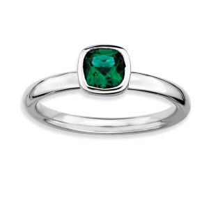 Silver Stackable Cushion Cut Created Emerald Solitaire Ring, Size 7