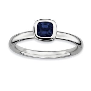 Silver Stackable Cushion Cut Created Sapphire Solitaire Ring, Size 5