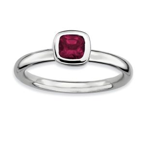 Silver Stackable Cushion Cut Rhodolite Garnet Solitaire Ring, Size 8