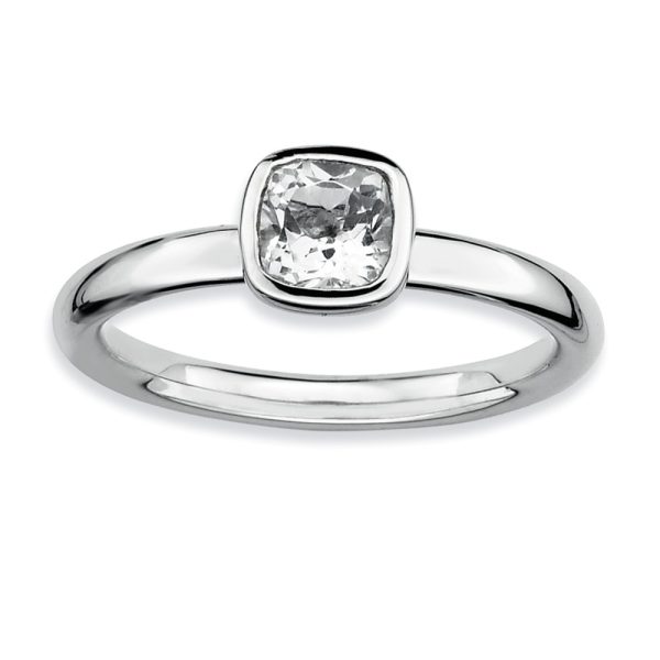 Silver Stackable Cushion Cut White Topaz Solitaire Ring, Size 7