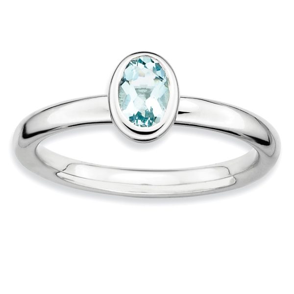 Silver Stackable Oval Aquamarine Solitaire Ring, Size 8