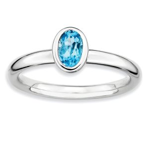 Silver Stackable Oval Blue Topaz Solitaire Ring, Size 7