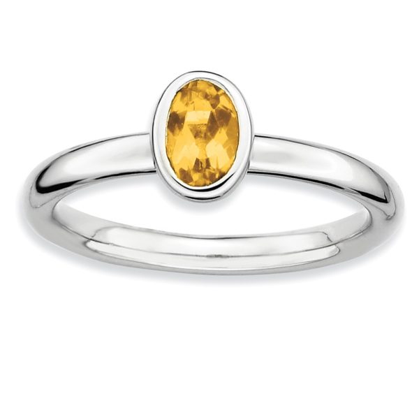 Silver Stackable Oval Citrine Solitaire Ring, Size 9