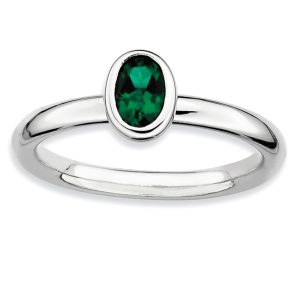 Silver Stackable Oval Created Emerald Solitaire Ring, Size 7