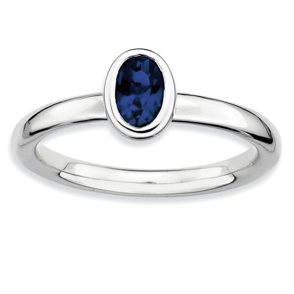 Silver Stackable Oval Created Sapphire Solitaire Ring, Size 9