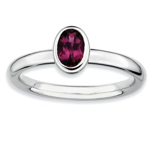 Silver Stackable Oval Rhodolite Garnet Solitaire Ring, Size 5