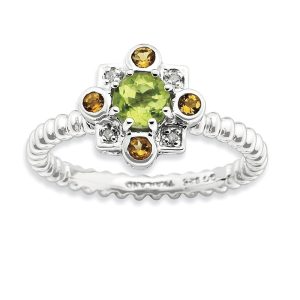 Silver Stackable Peridot, Citrine & .02ctw HI/I3 Diamond Ring Size 8