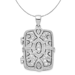 Silver and CZ Geometric Design Rectangular Locket, 24mm Necklace