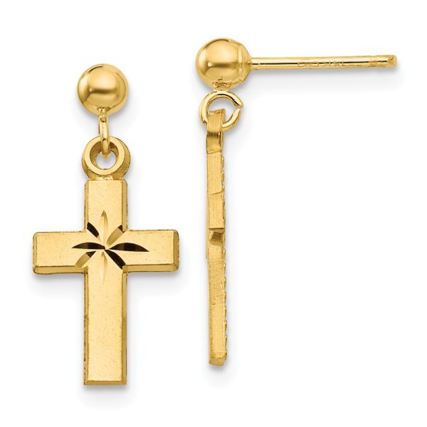 Small Satin and Diamond Cut Cross Dangle Post Earrings in 14k Gold