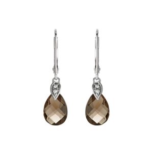 Smoky Quartz Briolette & Diamond Lever Back Earrings in 14k White Gold