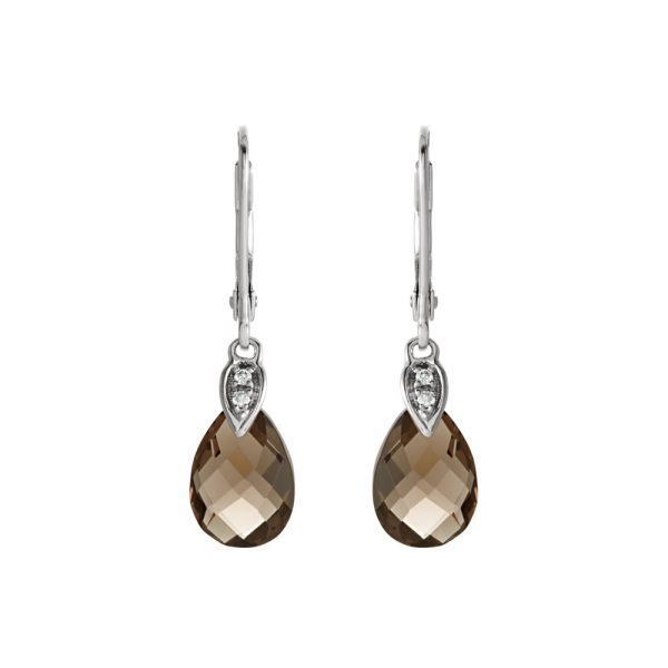 Smoky Quartz Briolette & Diamond Lever Back Earrings in 14k White Gold