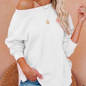 Solid Long Sleeve One Shoulder Slit Sweatshirt White