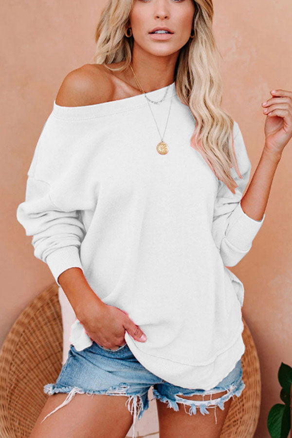 Solid Long Sleeve One Shoulder Slit Sweatshirt White