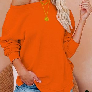 Solid Oversized Boat Neck Long Sleeve T-Shirt Orange