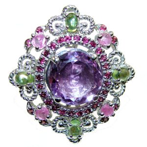 Spectacular Amethyst Peridot .925 Sterling Silver Handcrafted Large Ring size 8