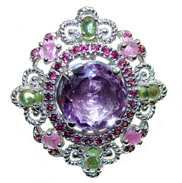 Spectacular Amethyst Peridot .925 Sterling Silver Handcrafted Large Ring size 8