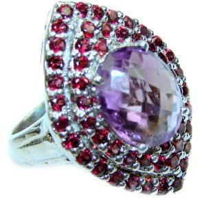 Spectacular genuine Amethyst Garnet .925 Sterling Silver Handcrafted Cocktail Ring size 8