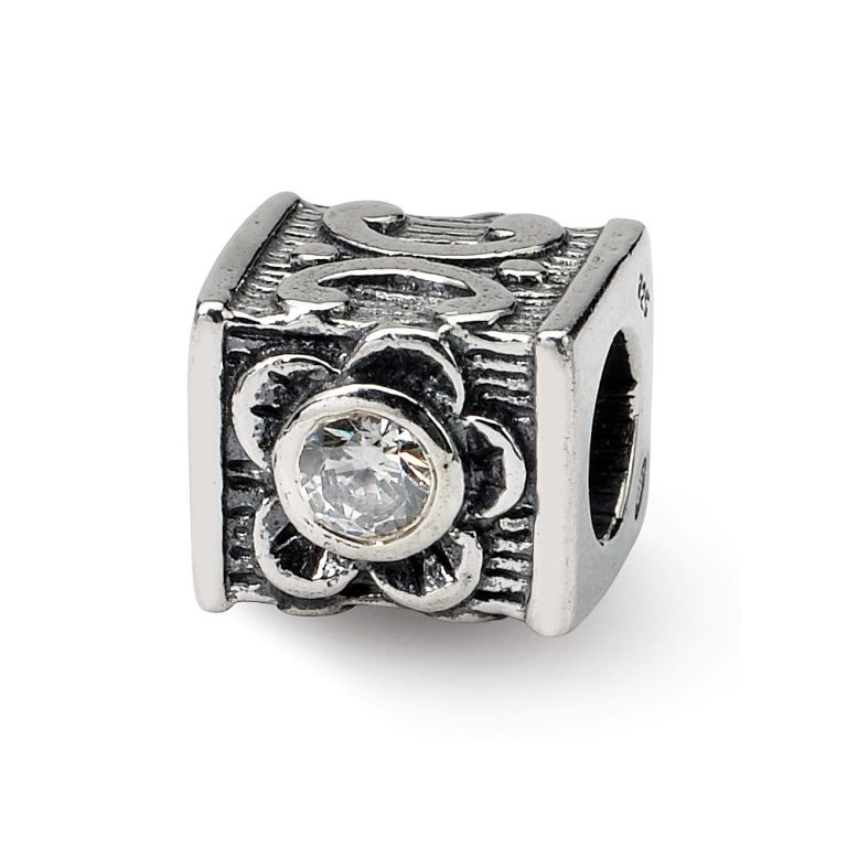 Square Floral Sterling Silver & CZ Bead Charm