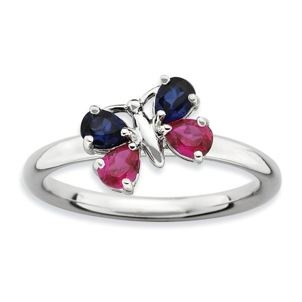 Stackable Created Sapphire & Created Ruby Butterfly Silver Ring, Sz 8