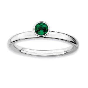 Stackable High Profile 4mm Created Emerald Silver Ring, Size 5