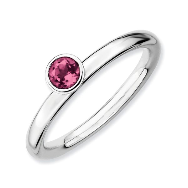 Stackable High Profile 4mm Pink Tourmaline Silver Ring, Size 5