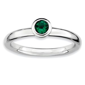 Stackable Low Profile 4mm Created Emerald Silver Ring, Size 8