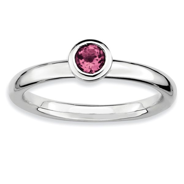 Stackable Low Profile 4mm Pink Tourmaline Silver Ring, Size 5