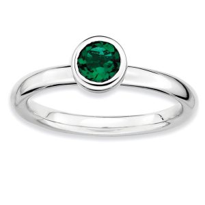 Stackable Low Profile 5mm Created Emerald Silver Ring, Size 10