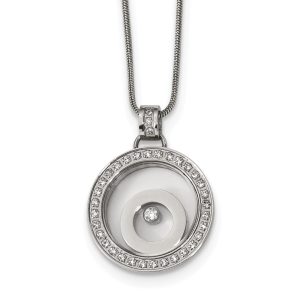 Stainless Steel, CZ and Glass Floating Circle Necklace, 18 Inch