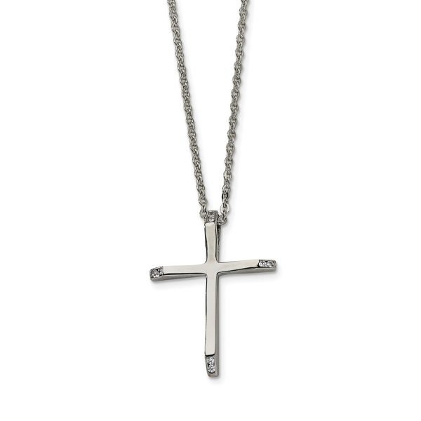 Stainless Steel Cubic Zirconia Cross Pendant Necklace - 22 Inch