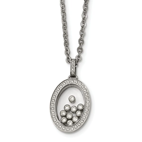 Stainless Steel, Glass and Floating CZ Oval Necklace, 18 Inch