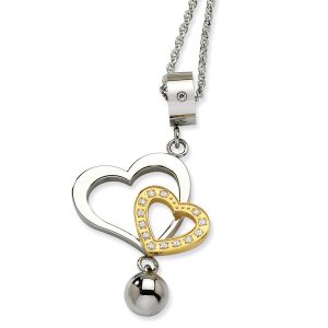 Stainless Steel, Gold Tone and CZ Double Heart Necklace - 22 Inch