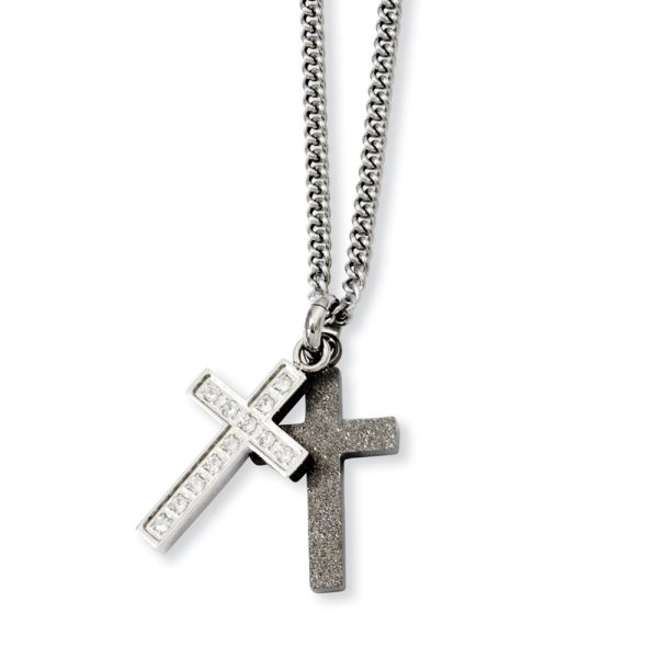 Stainless Steel Laser-cut and CZ Double Cross Necklace - 20 Inch